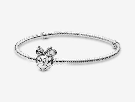 Disney Pandora Moments Pavé Minnie Mouse Clasp Snake Chain Bracelet For Sale